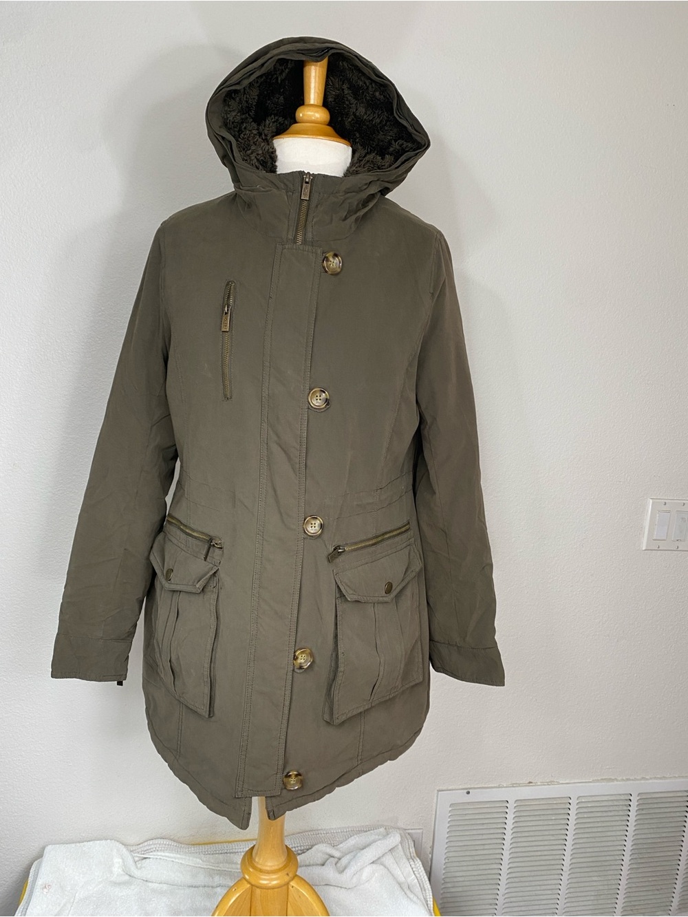 Rachel Rachel Roy Womens Olive Full Zip Quilted Faux Fur Hooded Jacket Size M